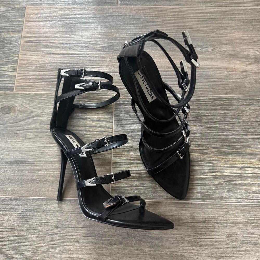 Steve Madden black leather strappy stiletto high heels silver buckles 8 Womens